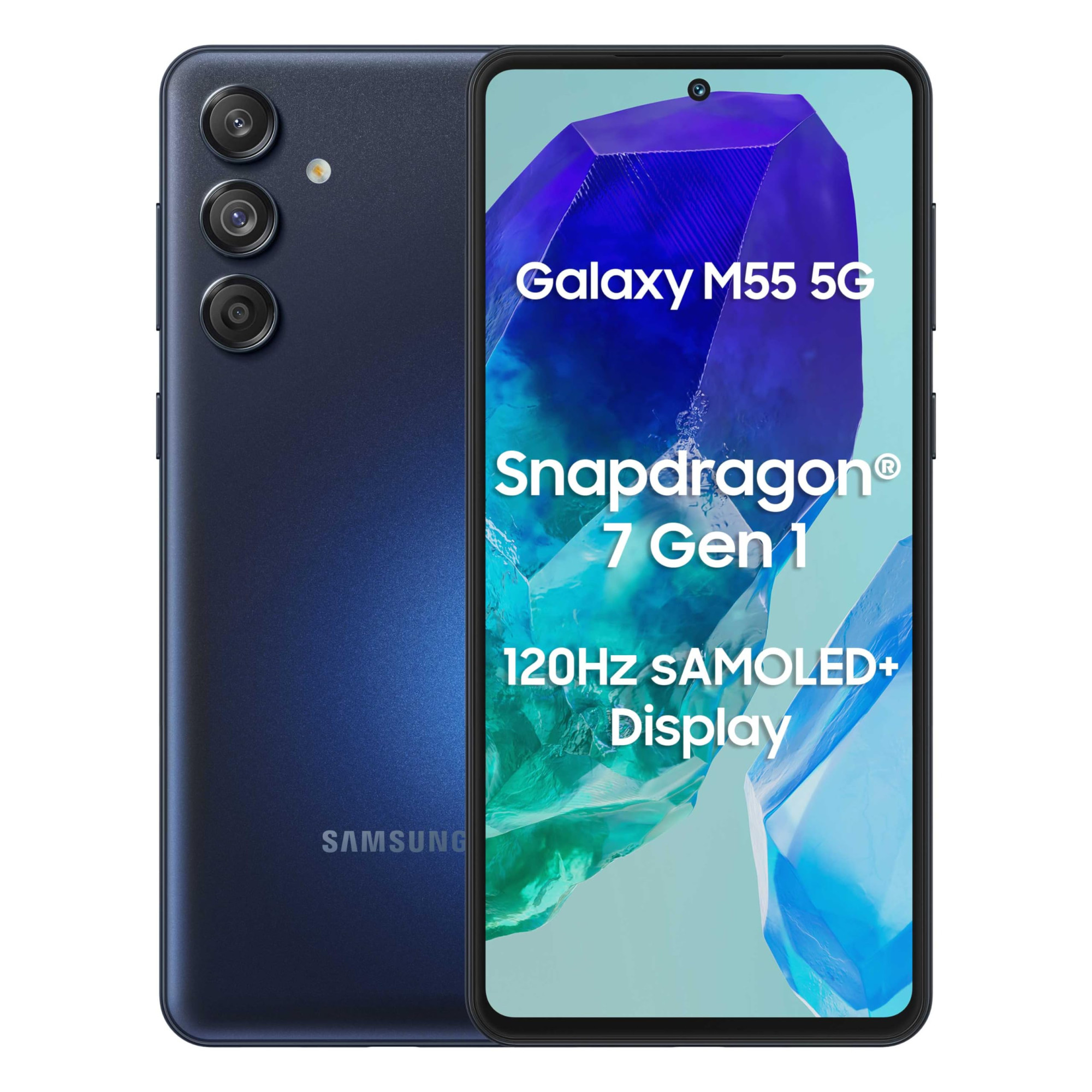 Samsung Galaxy M55 5G Denim Black8GB RAM128GB Storage 50MP Triple Cam 5000mAh Battery Snapdragon 7 Gen 1 4 Gen OS Upgrade 5 Year Security Update Super AMOLED Display Without Charger