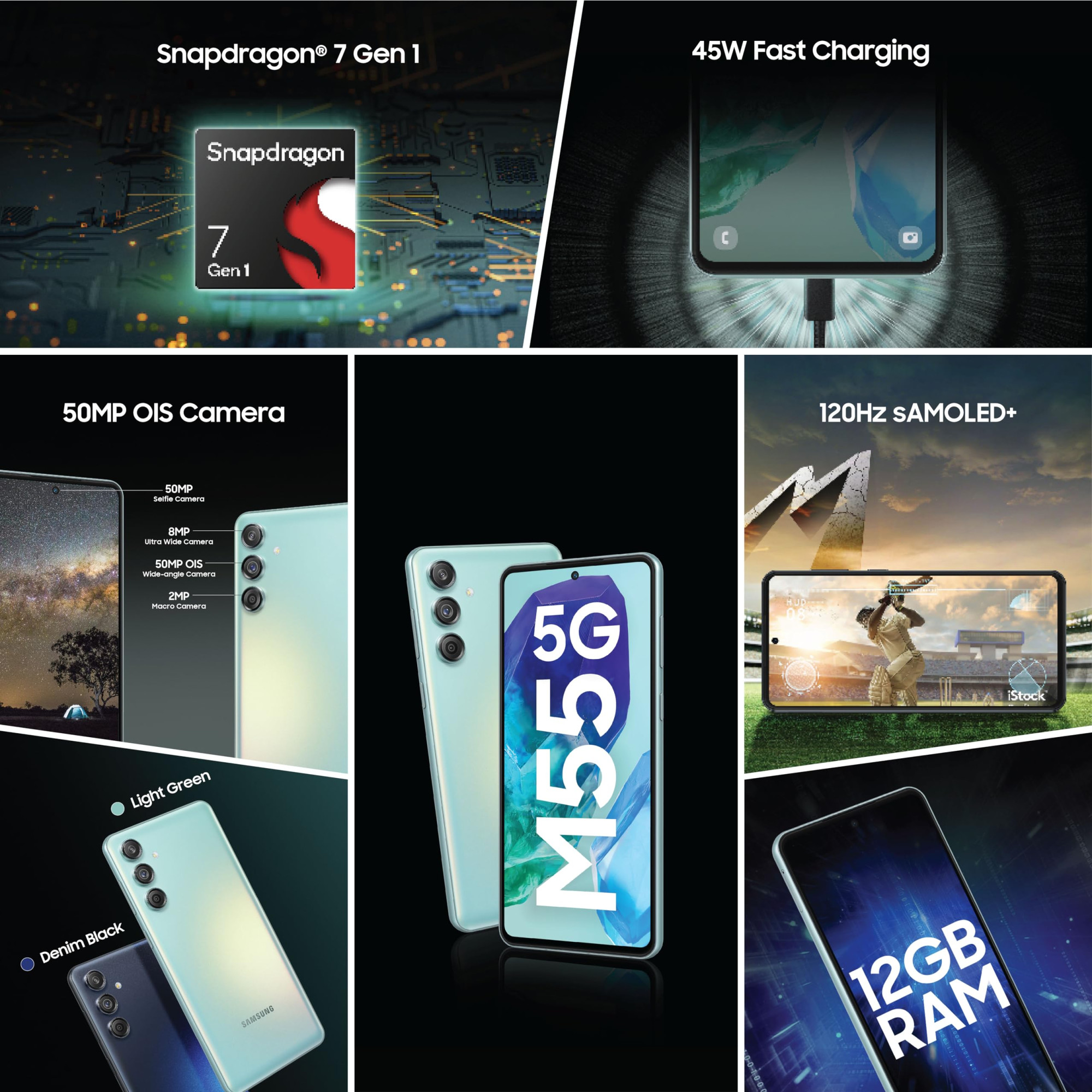 Samsung Galaxy M55 5G Denim Black8GB RAM128GB Storage 50MP Triple Cam 5000mAh Battery Snapdragon 7 Gen 1 4 Gen OS Upgrade 5 Year Security Update Super AMOLED Display Without Charger