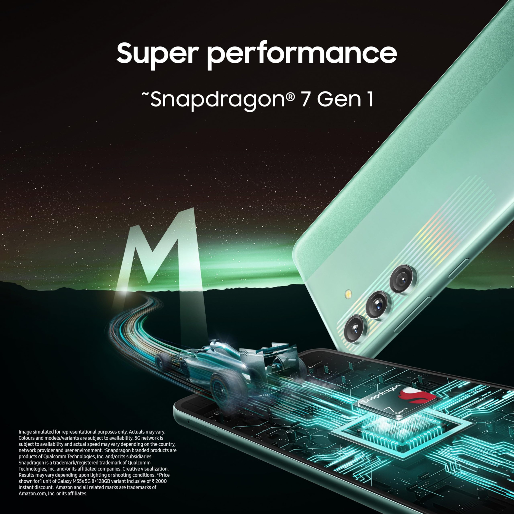 Samsung Galaxy M55s 5G Coral Green8GB RAM256GB Storage  50MP Triple Cam 5000mAh Battery Snapdragon 7 Gen 1  4 Gen OS Upgrade  5 Year Security Update Super AMOLED Display Without Charger