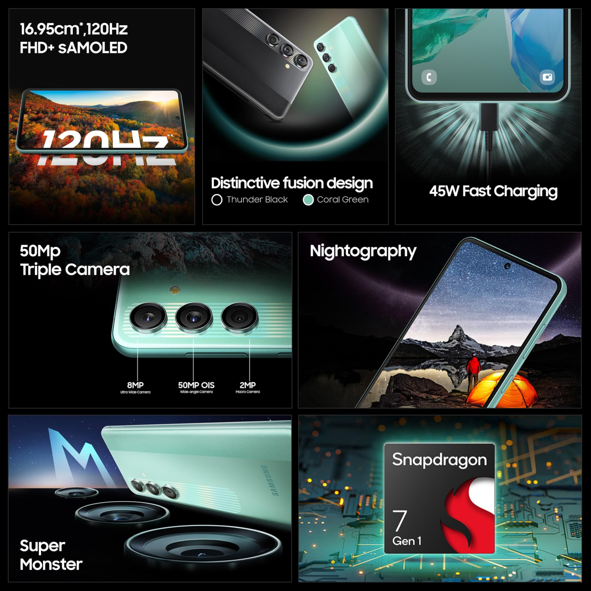 Samsung Galaxy M55s 5G Thunder Black8GB RAM128GB Storage 50MP Triple Cam 5000mAh Battery Snapdragon 7 Gen 1 4 Gen OS Upgrade 5 Year Security Update Super AMOLED Display Without Charger