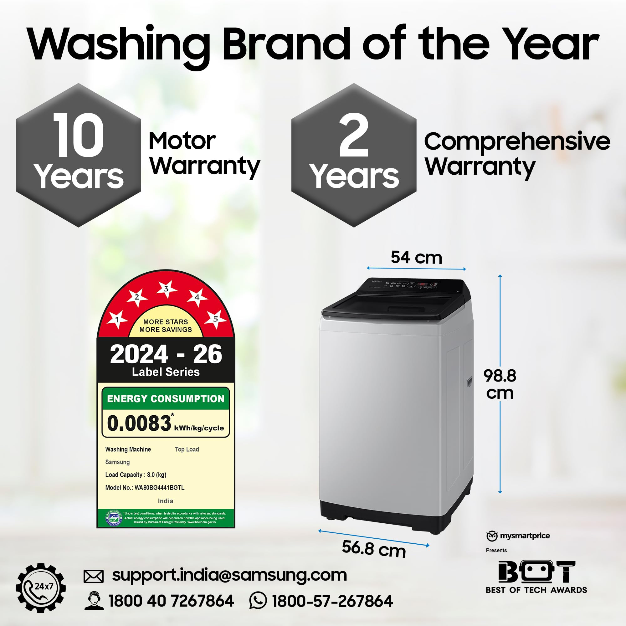 Samsung Smart Choice 8 kg 5 star Eco Bubble Tech Digital Inverter Motor Soft Closing Door Fully-Automatic Top Load Washing Machine WA80BG4441BGTL Light Gray