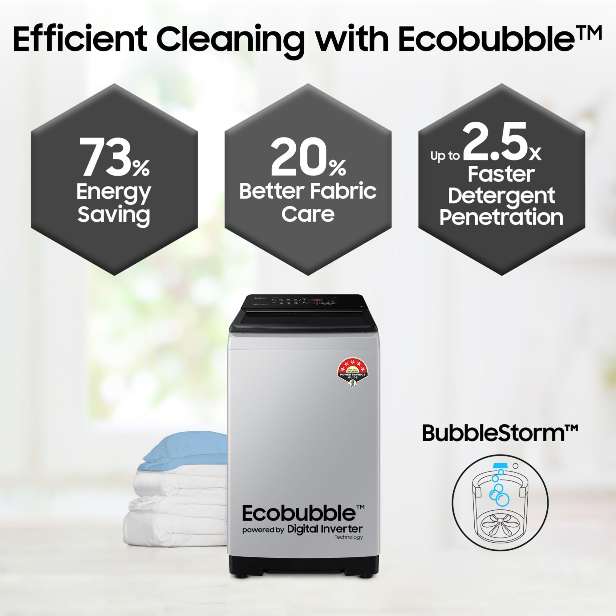 Samsung Smart Choice 8 kg 5 star Eco Bubble Tech Digital Inverter Motor Soft Closing Door Fully-Automatic Top Load Washing Machine WA80BG4441BGTL Light Gray