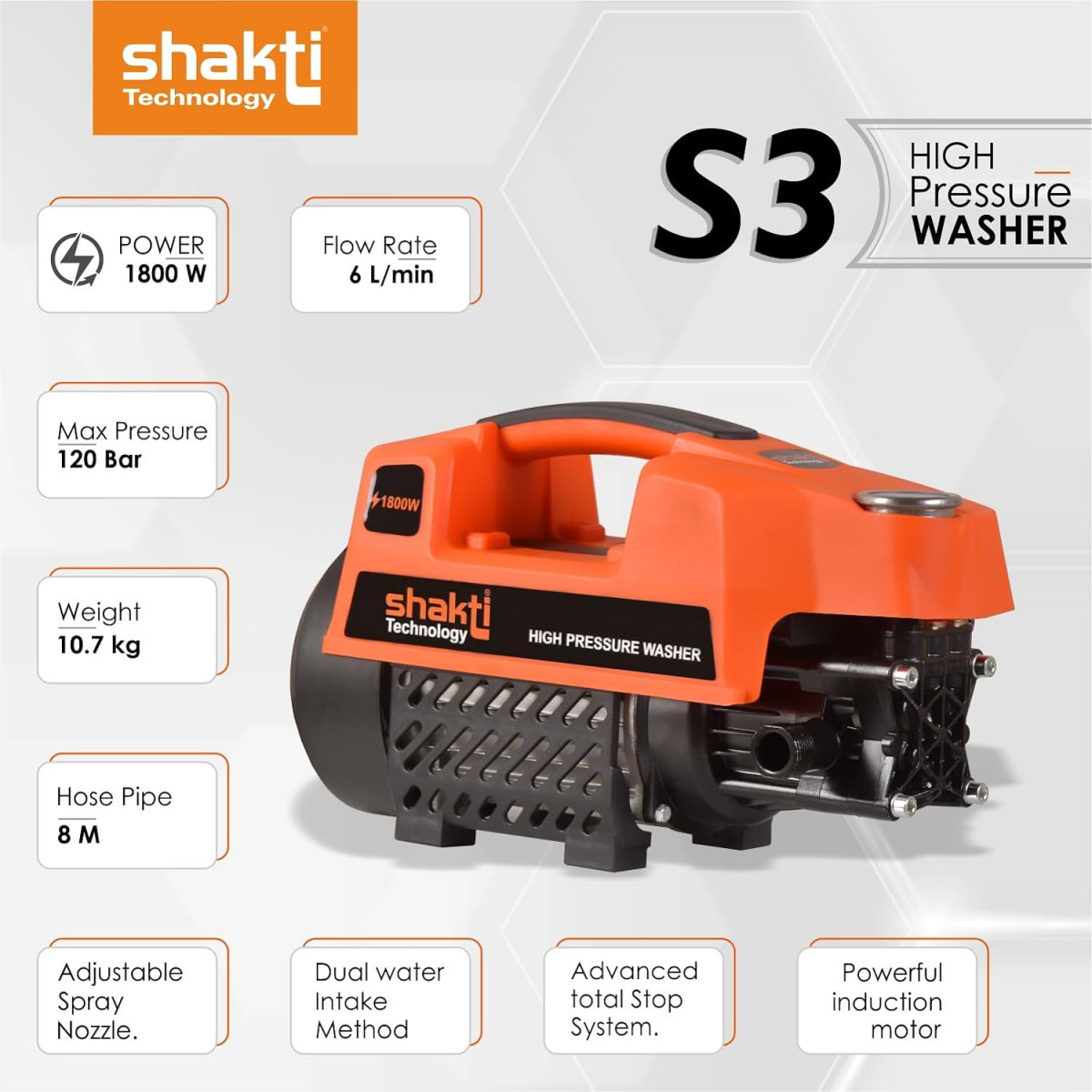 Shakti Technology S3 High Pressure Car Washer Machine 1800 Watts and Pressure 120 Bar for Cleaning Car Bike Home