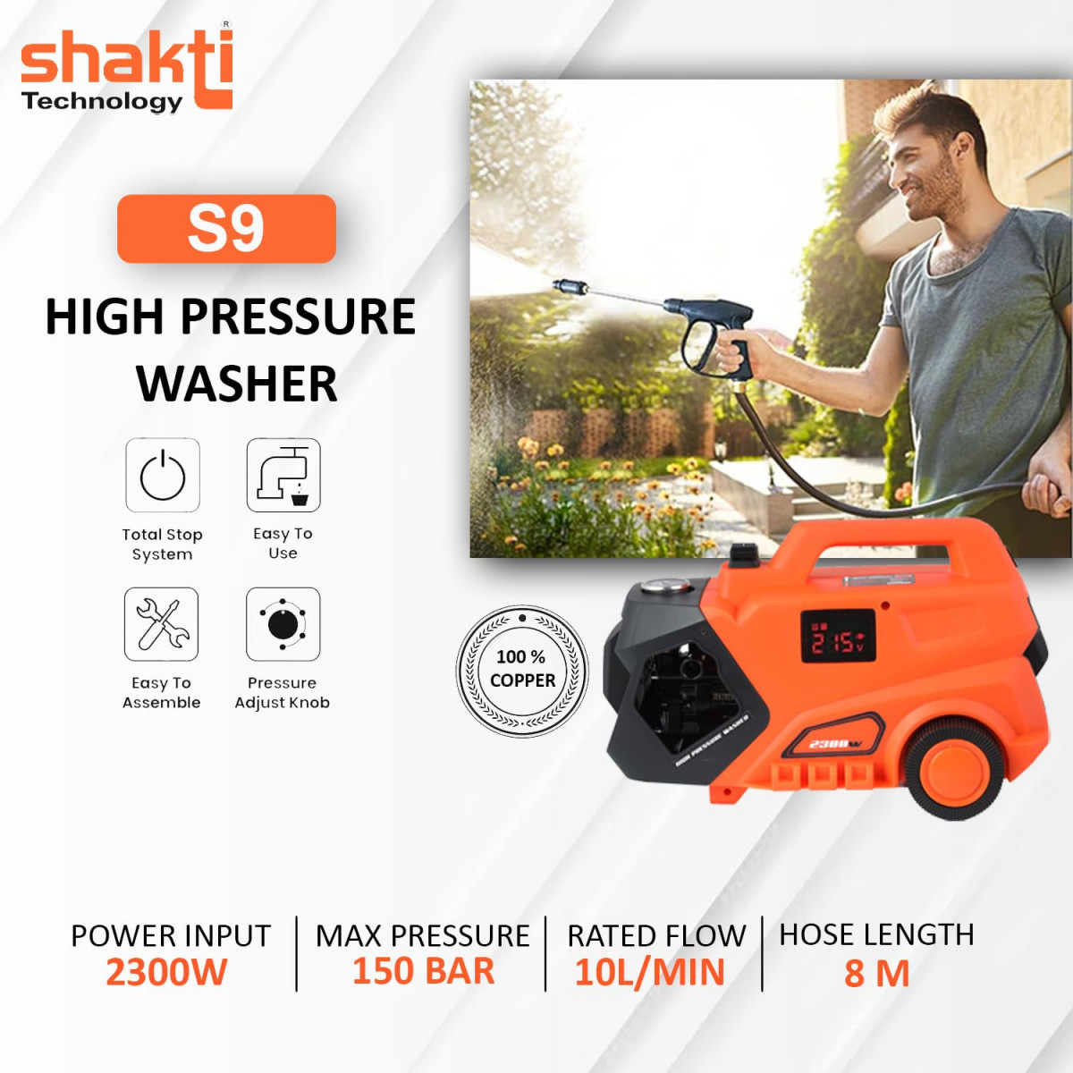 Shakti Technology S9 High Pressure Car Washer Machine with Copper Winding 2300 Watts and Pressure 150 Bar for Cleaning Car Bike Home Digital Display