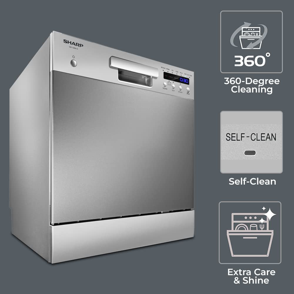 SHARP 8 Place Setting Table-Top Dishwasher Self-Clean Mode 4-Step Wash Cycles