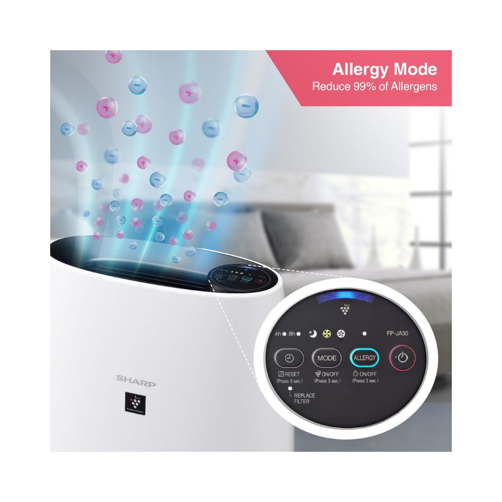 Sharp Air Purifier for Home Office with Plasmacluster Removes Bacteria Virus Mold VOCs I JAPAN TECHNOLOGY I Traps 9997 Pollutants I HEPA Carbon Pre Filter I 250 sqft I FP-JA30M-B I White