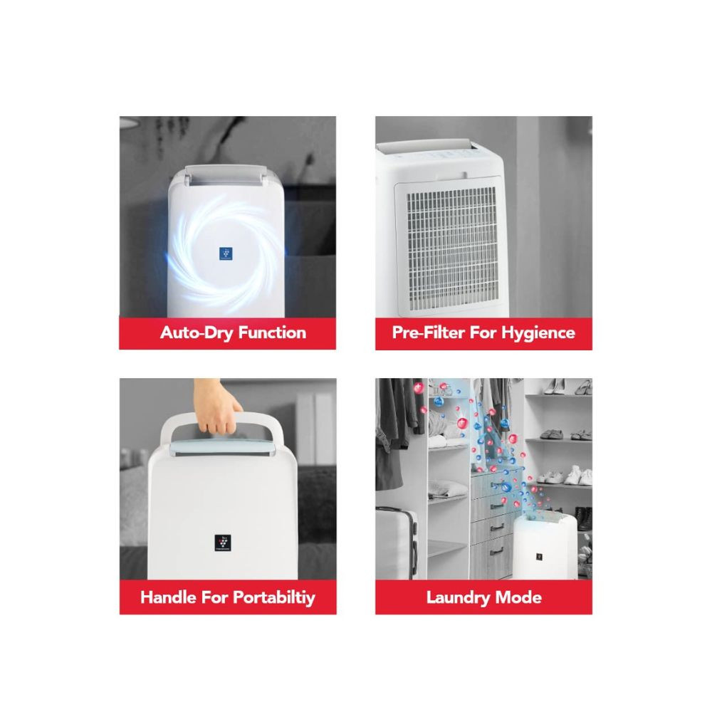 SHARP Electric Home Dehumidifier Machine with Plasmacluster Tech fight against mold virus fungus Absorbs moisture I Clothes dryer I Covers 250 sq ft I Drain 10Lday I DW-P10M-W