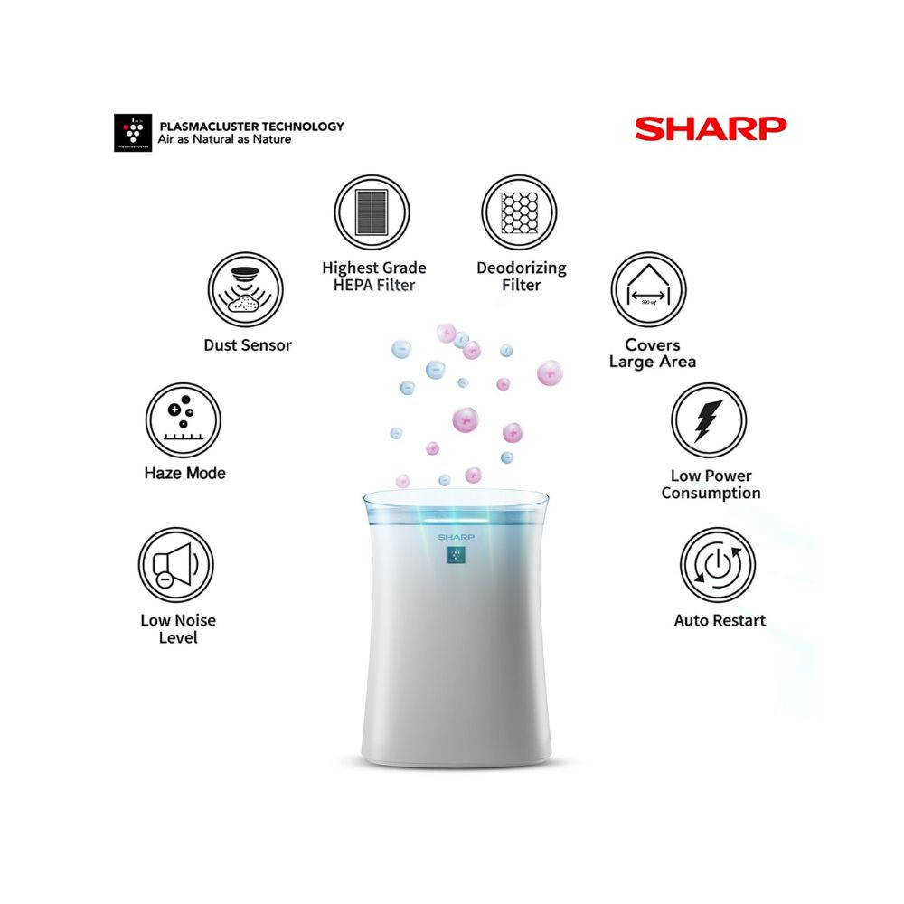 SHARP Room Air Purifier FP-F40E-W White with Plasmacluster Ion Technology Haze Mode Odour Dust Sensor True HEPA Deodorizing Filter Coverage Area up to 320 ft