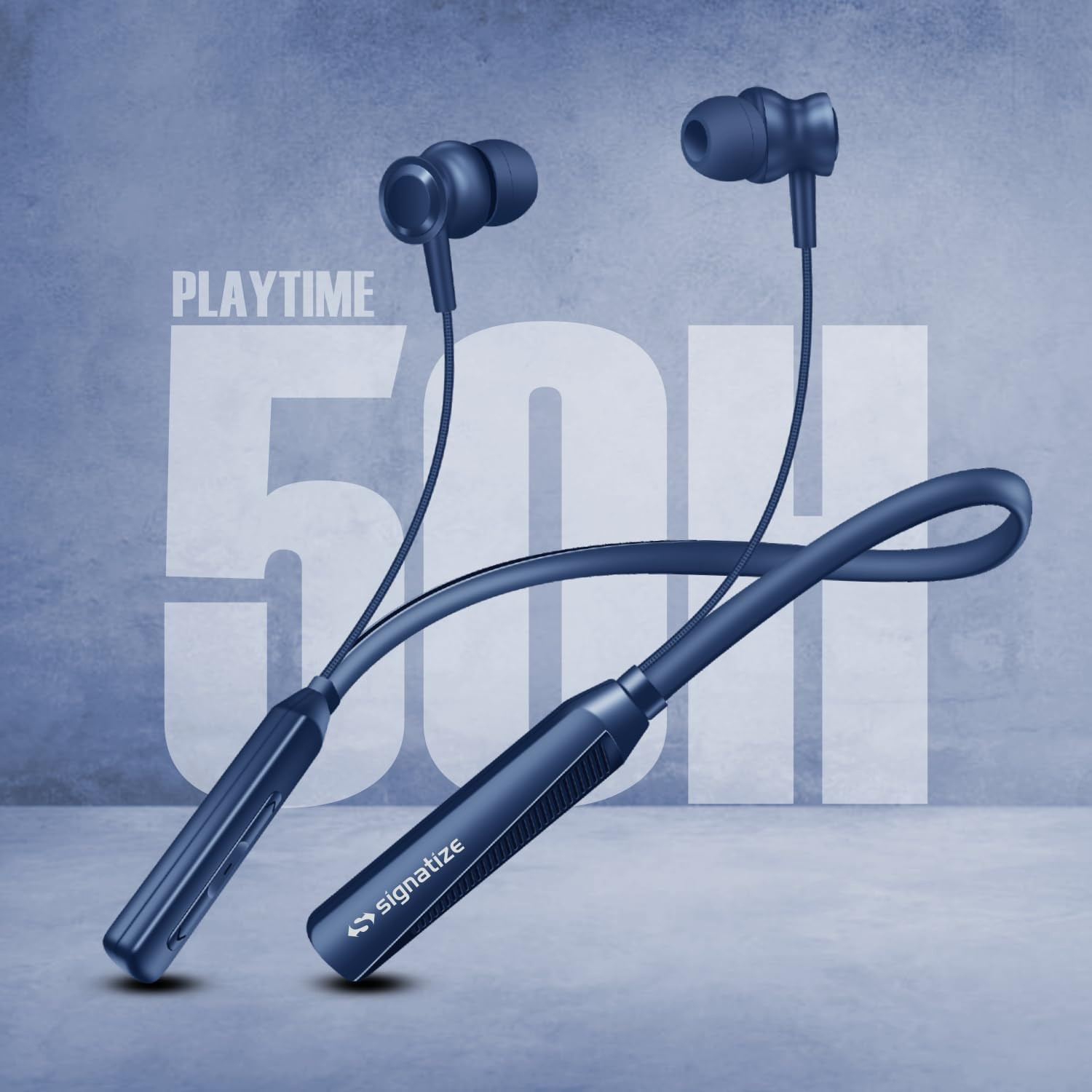 SIGNATIZE Bluetooth Earphones with 10mm Drivers Rich Music Experience 50 Hours Playtime Type C Fast Charging Neckband Earphones with Voice Assistant Blue