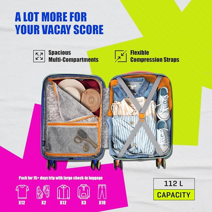 Skybags Crest Cabin Hardshell Luggage 55 Cm Polycarbonate Luggage 4 Wheel Inline Trolley Bag with 8 Wheels and TSA Approved Lock Dazzling Blue Amber