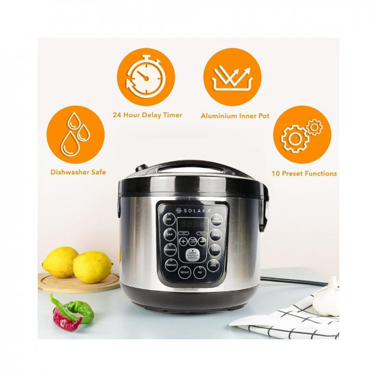 SOLARA Electric Rice Cooker - Cool Touch MultiPurpose Cooker and Food Steamer Digital Rice Cooker 4 Cups 8 Cups Cooked with Steam Rinse Basket Stainless Steel Silver