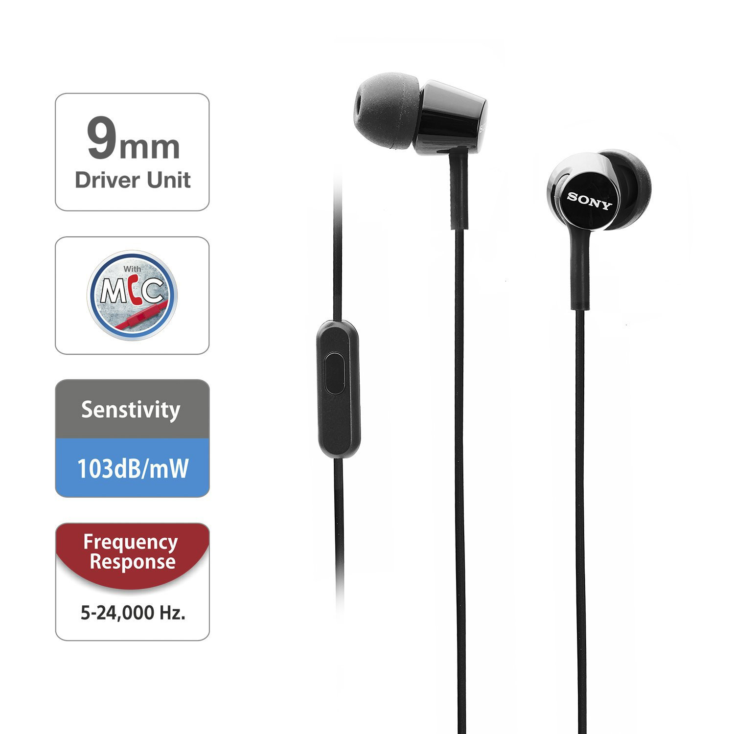 Sony MDR-EX155AP Wired in Ear Headphones with Tangle Free Cable 35mm Jack Headset with Mic for Phone Calls and 1 Year Warranty - Black