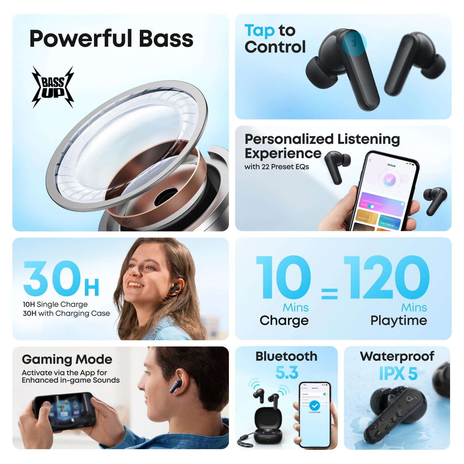 soundcore by Anker R50i VI True Wireless Earbuds 10mm Drivers with Big Bass Bluetooth 53 30H Long Playtime Water-Resistant 2 Mics for AI Clear Calls 22 Preset EQs Customization via App