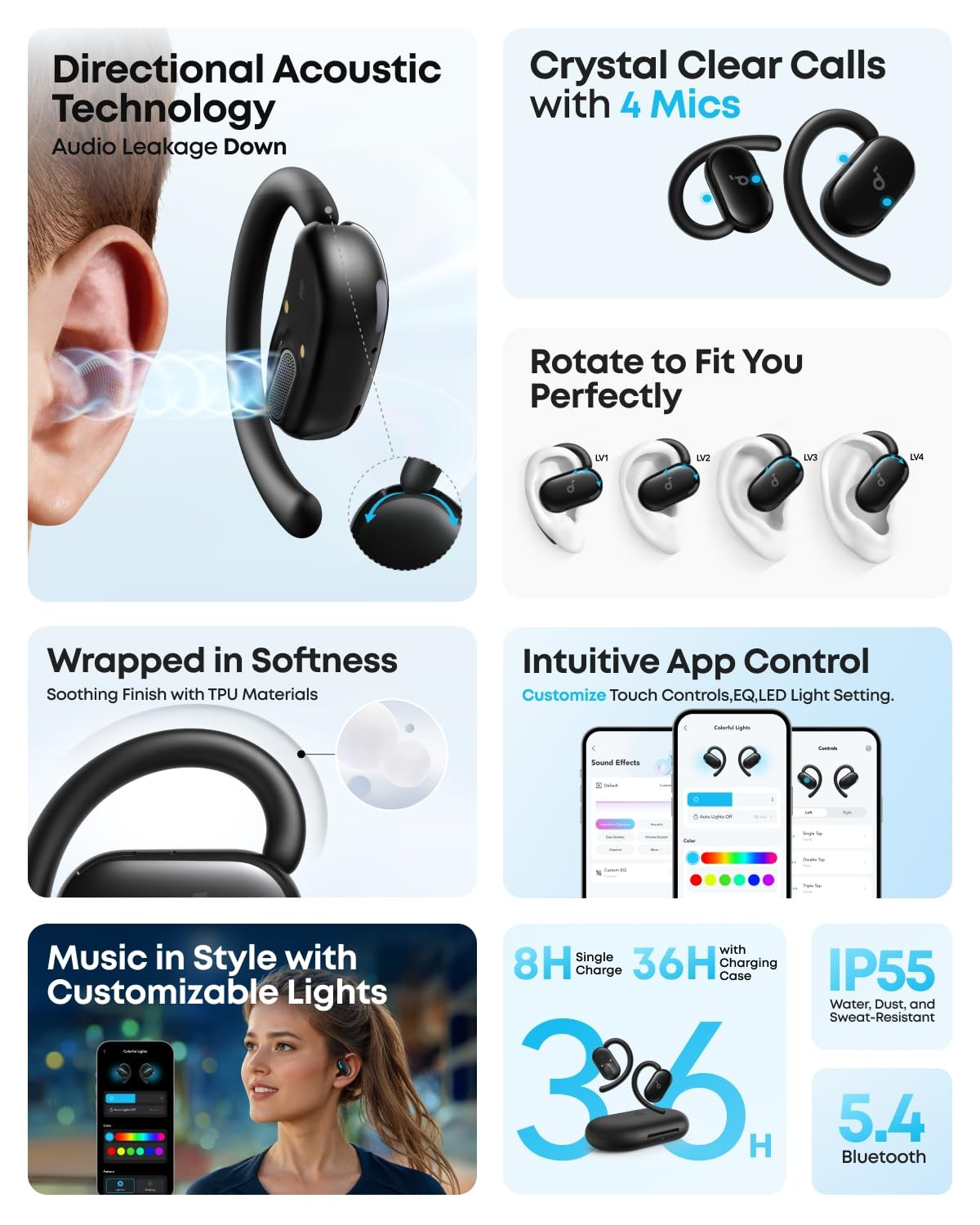 soundcore V20i by Anker Open-Ear Headphones Adjustable Ear Hooks Ultra-Comfort Snug Fit 16mm Drivers 4 Mics IP55 LED Lights 36H Playtime Fast ChargingBluetooth 54 Multipoint Connection