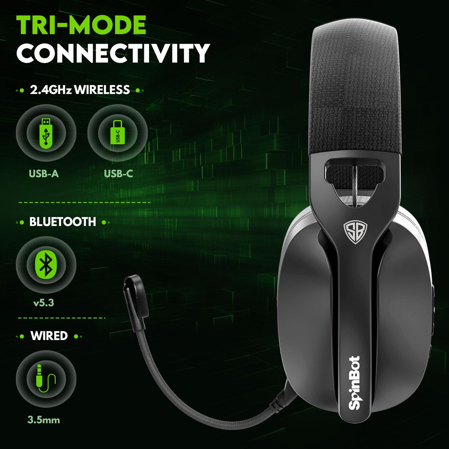 SpinBot Ranger HX500 Tri-Mode Wireless Gaming Headphones Dual 24GHz Bluetooth Wired 28ms Ultra Latency Detachable Boom Mic 25Hrs Play Time Black