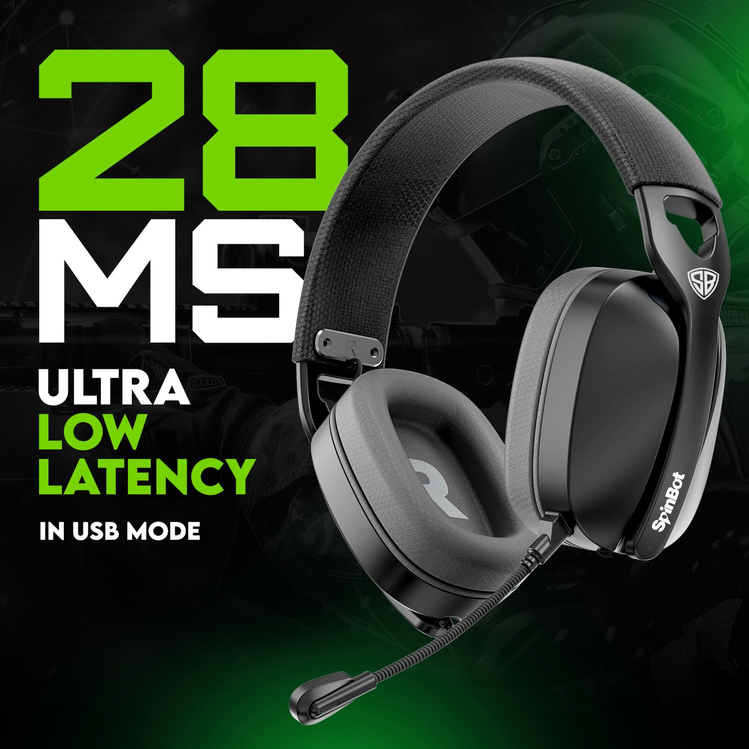 SpinBot Ranger HX500 Tri-Mode Wireless Gaming Headphones Dual 24GHz Bluetooth Wired 28ms Ultra Latency Detachable Boom Mic 25Hrs Play Time Black