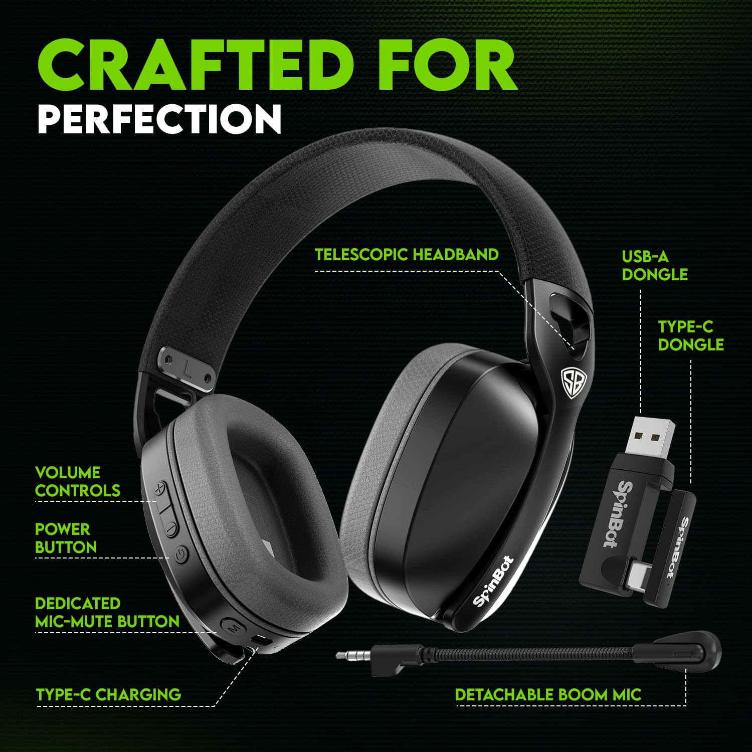 SpinBot Ranger HX500 Tri-Mode Wireless Gaming Headphones Dual 24GHz Bluetooth Wired 28ms Ultra Latency Detachable Boom Mic 25Hrs Play Time Black