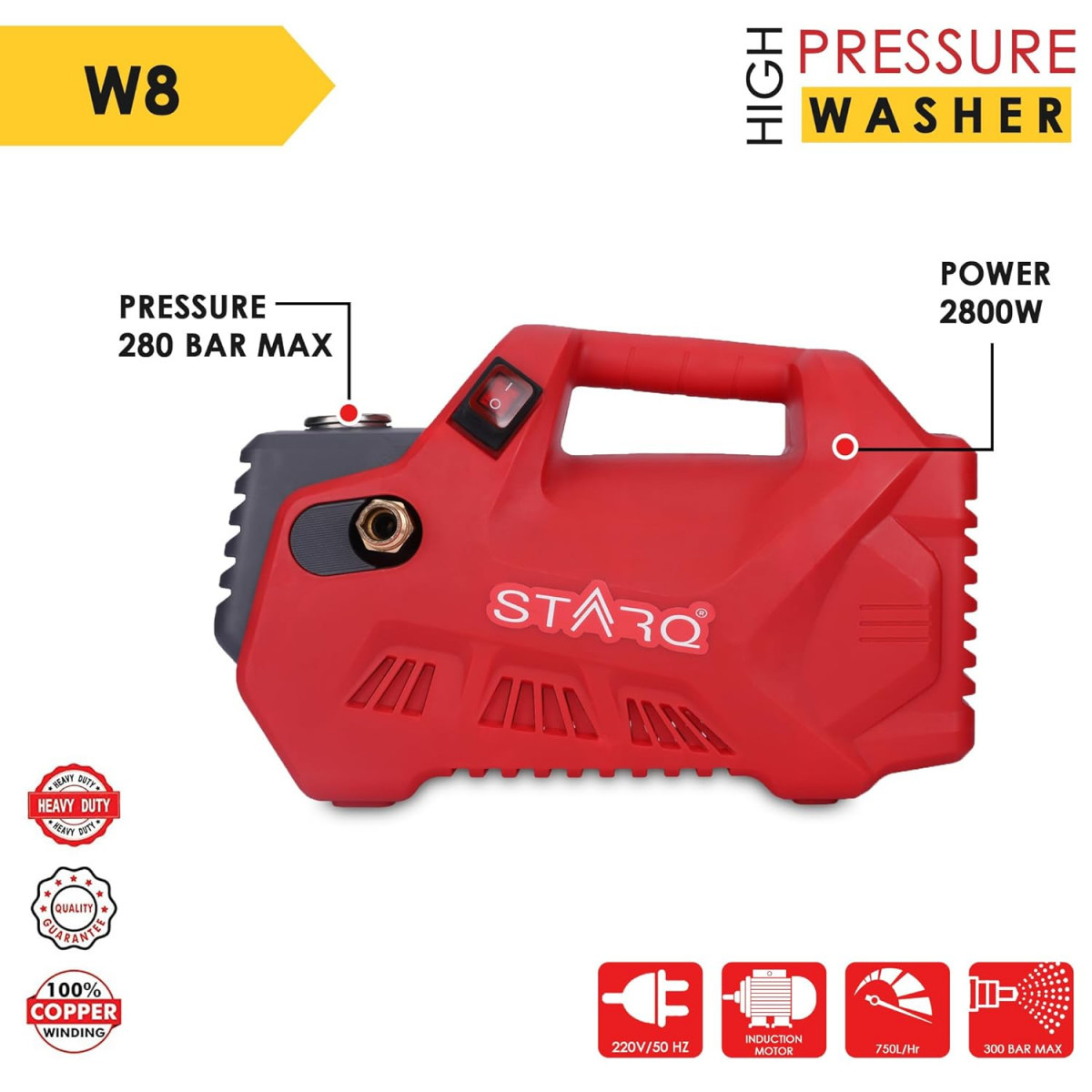 STARQ W8 2800W 280 Bar Portable Heavy Duty High Pressure WasherCleaner Red