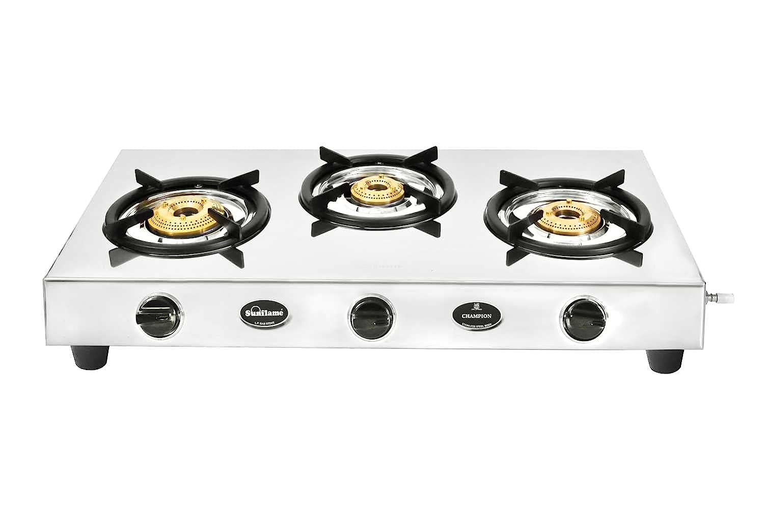 Sunflame Champion 3-Burner Gas Stove Stainless Steel Body 2-Years Product Coverage 1 Medium and 2 Small Brass Burners Euro-Coated Pan Supports Manual Ignition Silver