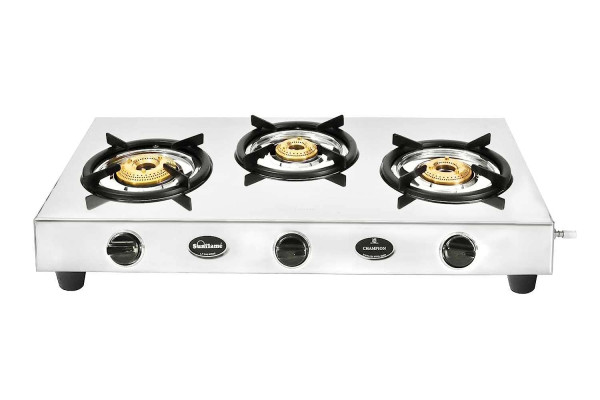 Image of Sunflame Champion 3-Burner Gas Stove | Stainless Steel Body | 2-Years Product Coverage | 1 Medium and 2 Small Brass Burners| Euro-Coated Pan Supports | Manual Ignition | Silver