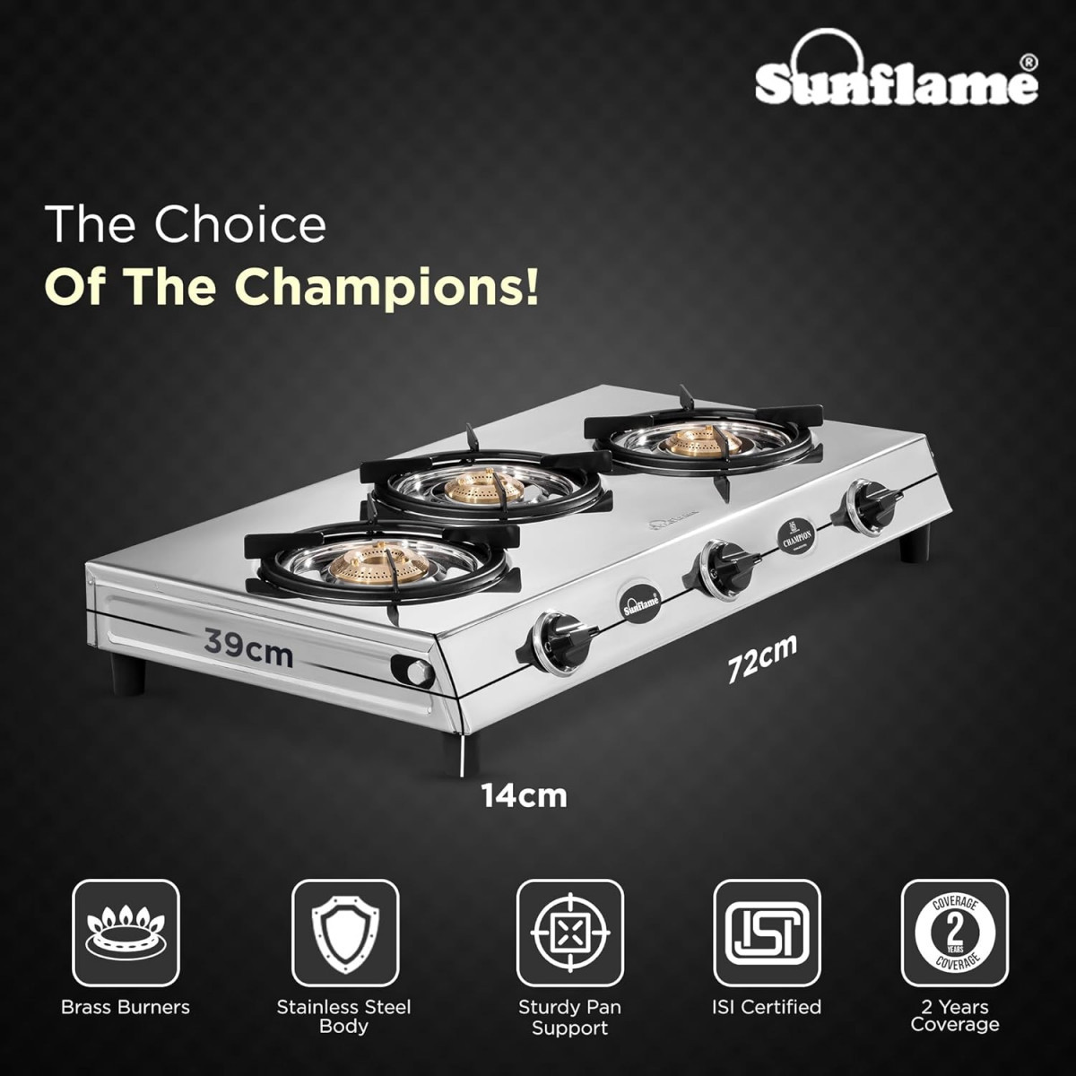 Sunflame Champion 3-Burner Gas Stove Stainless Steel Body 2-Years Product Coverage 1 Medium and 2 Small Brass Burners Euro-Coated Pan Supports Manual Ignition Silver