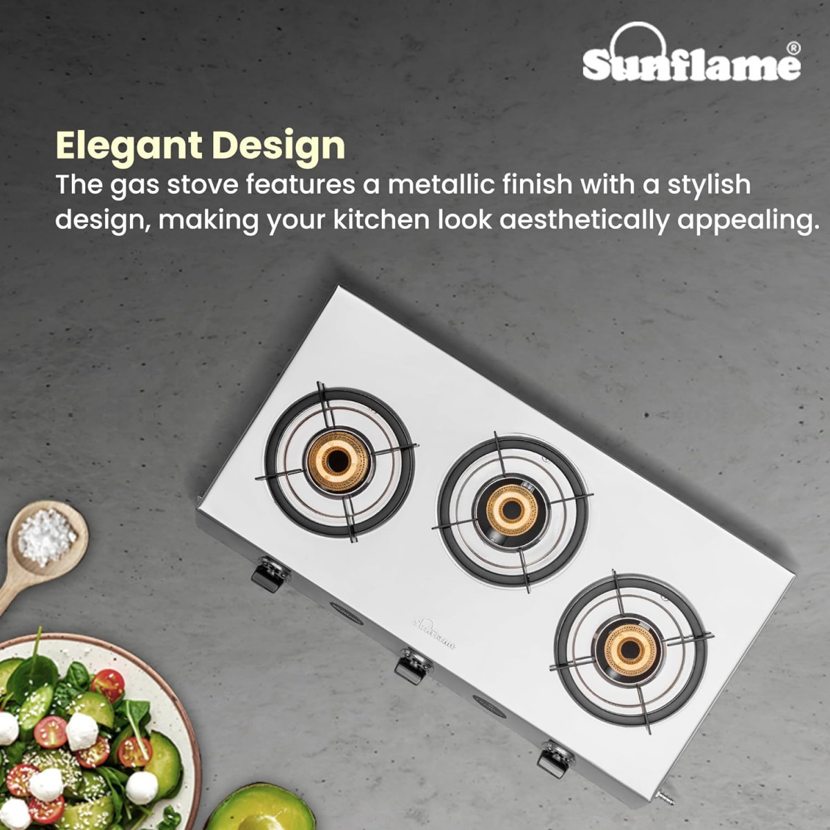 Sunflame Champion 3-Burner Gas Stove Stainless Steel Body 2-Years Product Coverage 1 Medium and 2 Small Brass Burners Euro-Coated Pan Supports Manual Ignition Silver