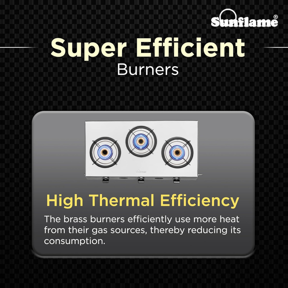 Sunflame Champion 3-Burner Gas Stove Stainless Steel Body 2-Years Product Coverage 1 Medium and 2 Small Brass Burners Euro-Coated Pan Supports Manual Ignition Silver