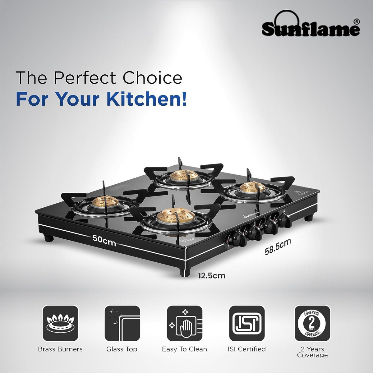 Sunflame Crystal Toughened Glass 4 Brass Burner Gas Stove Manual Ignition Black