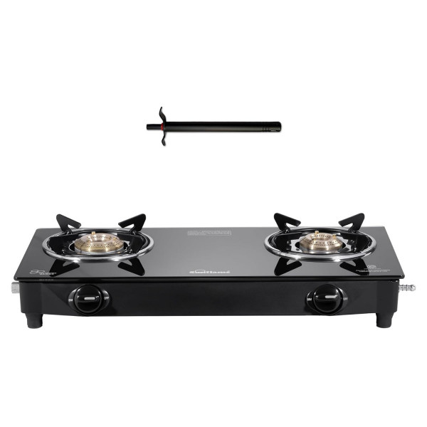 Image of Sunflame Maleo 2 Burner Gas Stove | Space Saving Design | Complimentary Lighter | 1 Medium &amp; 1 Small Brass Burners | 2 Years Product Coverage | Toughened Glass Top | Pan India Presence