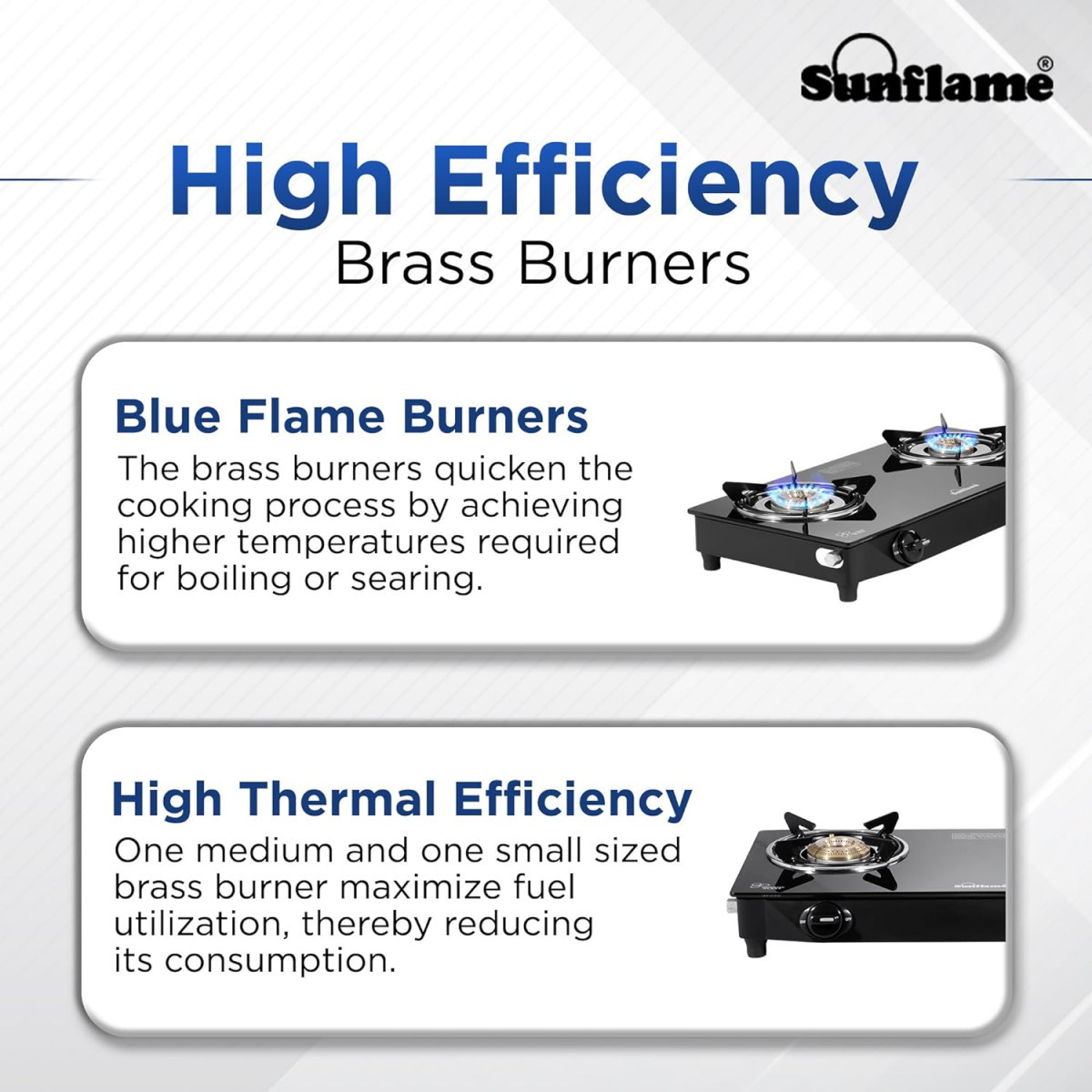 Sunflame Maleo 2 Burner Gas Stove Space Saving Design Complimentary Lighter 1 Medium 1 Small Brass Burners 2 Years Product Coverage Toughened Glass Top Pan India Presence