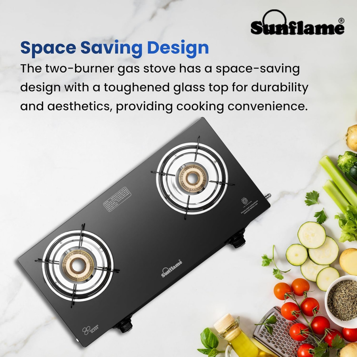 Sunflame Maleo 2 Burner Gas Stove Space Saving Design Complimentary Lighter 1 Medium 1 Small Brass Burners 2 Years Product Coverage Toughened Glass Top Pan India Presence