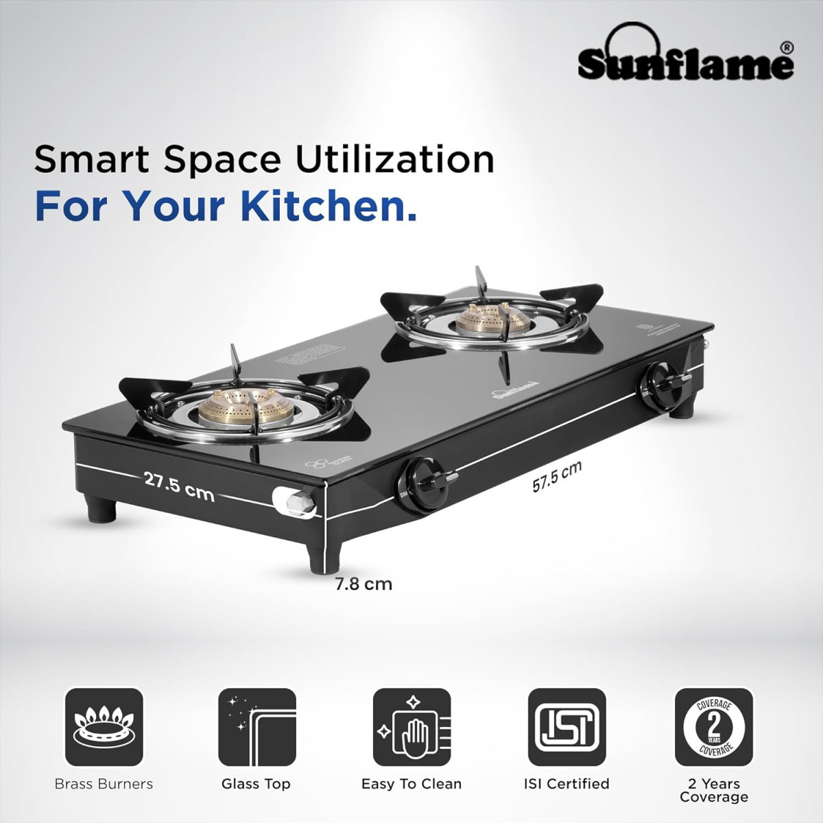 Sunflame Maleo 2 Burner Gas Stove Space Saving Design Complimentary Lighter 1 Medium 1 Small Brass Burners 2 Years Product Coverage Toughened Glass Top Pan India Presence