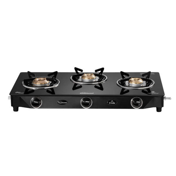 Image of Sunflame Pride 3 Burner Gas Stove | 2-Years Product Coverage | 2 Small and 1 Medium Brass Burners | Ergonomic Knobs | Easy to Maintain l Toughened Glass Top | PAN India Presence | Black