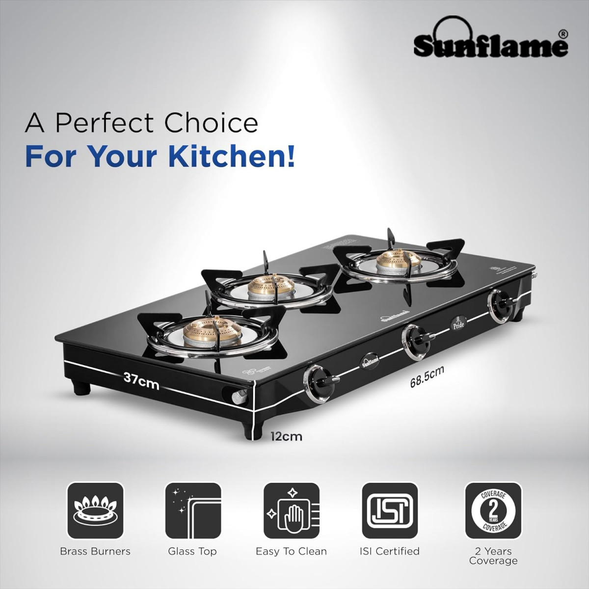 Sunflame Pride 3 Burner Gas Stove 2-Years Product Coverage 2 Small and 1 Medium Brass Burners Ergonomic Knobs Easy to Maintain l Toughened Glass Top PAN India Presence Black