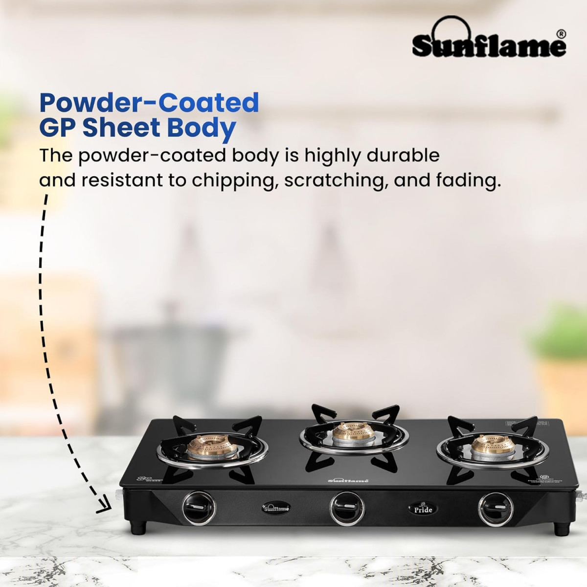 Sunflame Pride 3 Burner Gas Stove 2-Years Product Coverage 2 Small and 1 Medium Brass Burners Ergonomic Knobs Easy to Maintain l Toughened Glass Top PAN India Presence Black