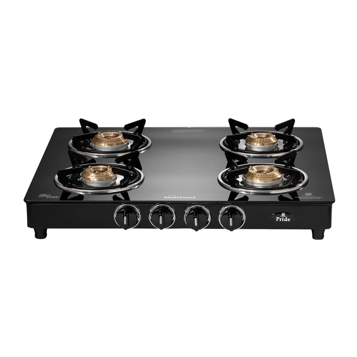 Sunflame Pride 4 Burner Gas Stove 2-Years Product Coverage 2 Medium and 2 Small Brass Burners Ergonomic Knobs Easy to Maintain Toughened Glass Top PAN India Presence Black