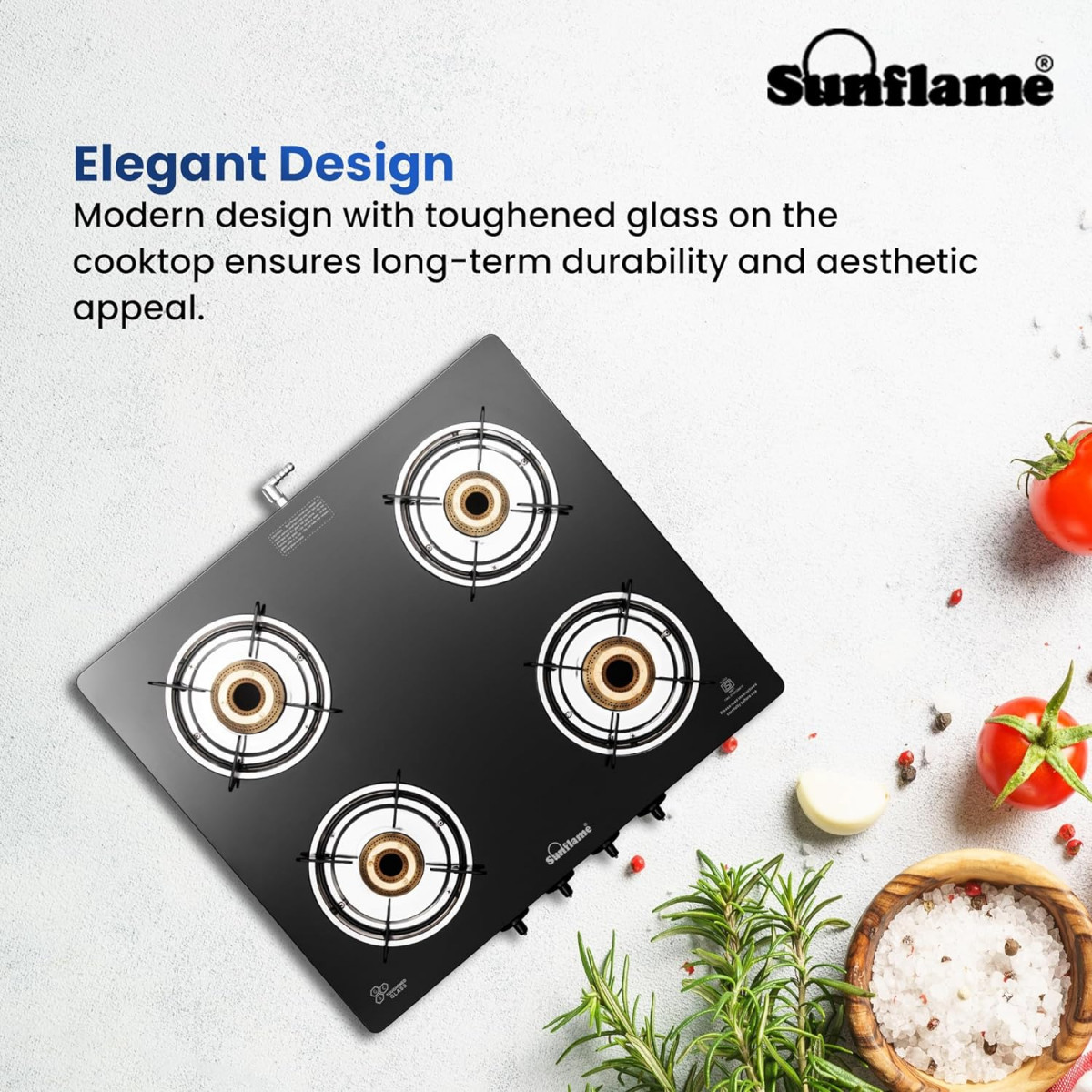Sunflame Pride 4 Burner Gas Stove 2-Years Product Coverage 2 Medium and 2 Small Brass Burners Ergonomic Knobs Easy to Maintain Toughened Glass Top PAN India Presence Black