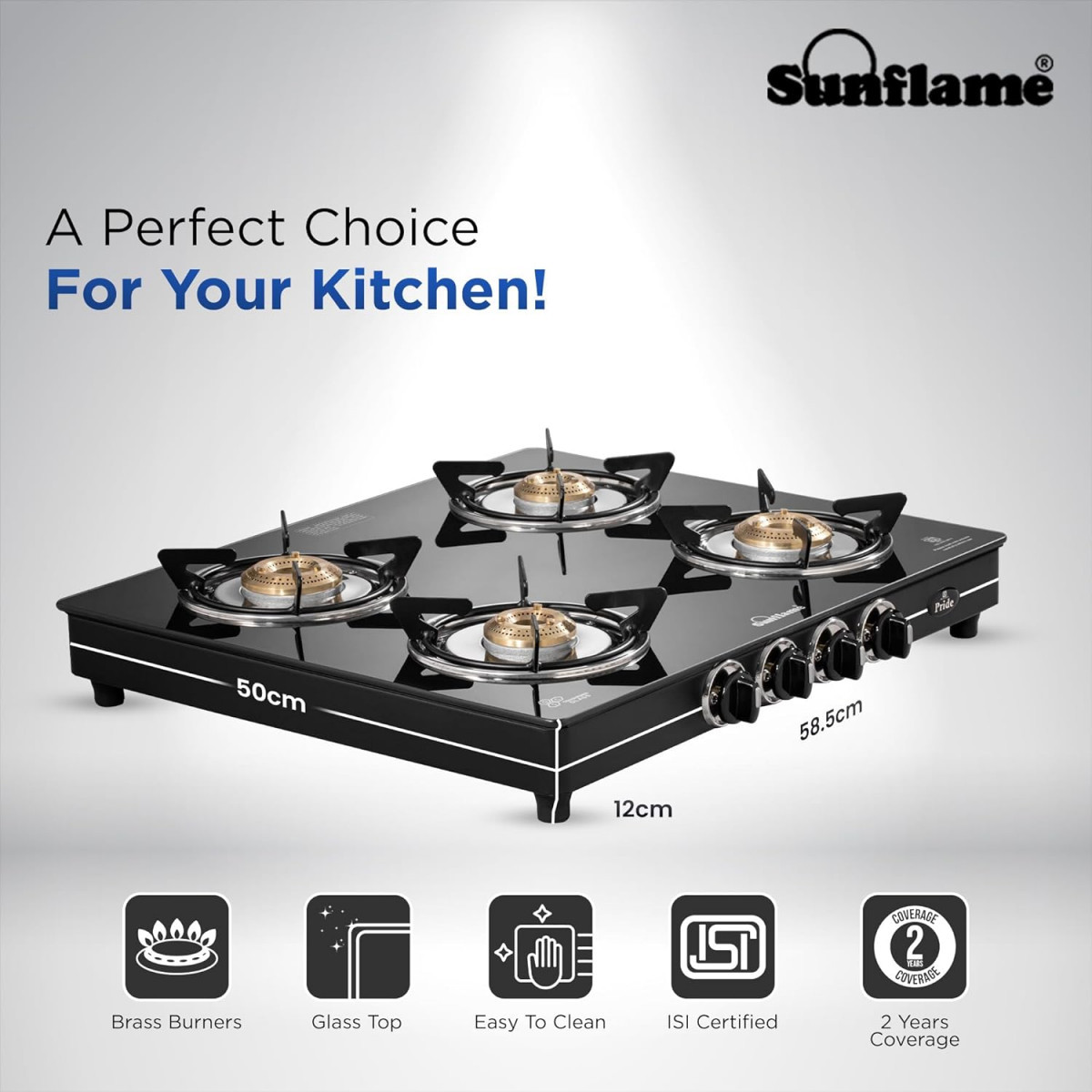 Sunflame Pride 4 Burner Gas Stove 2-Years Product Coverage 2 Medium and 2 Small Brass Burners Ergonomic Knobs Easy to Maintain Toughened Glass Top PAN India Presence Black