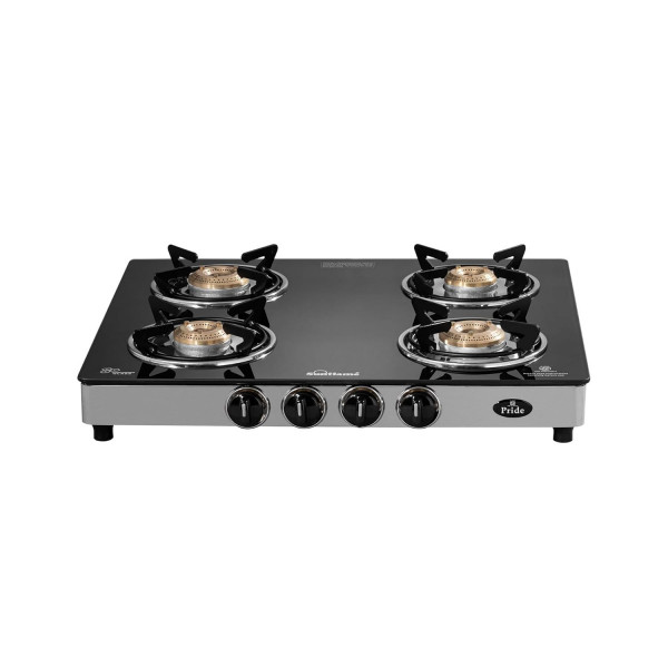 Image of SUNFLAME Pride 4 Burner Open Gas Stove 2 Small And 2 Medium Brass Burners 2-Years Product Coverage Ergonomic Knobs Easy To Maintain L Toughened Glass Top Pan India Presence