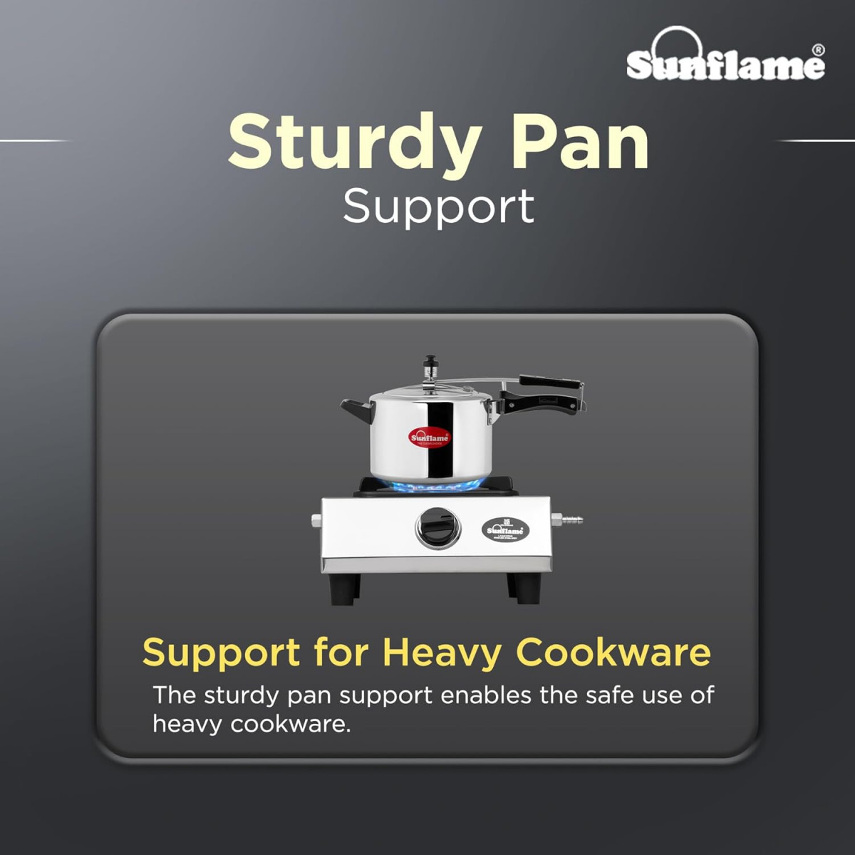 SUNFLAME Single Burner Stainless Steel Open Gas Stove1 Jumbo Brass Burner2-Years Product CoverageStainless Steel BodyHeat Resistant Ergonomic KnobsHeavy Duty Pan SupportPan India Presence