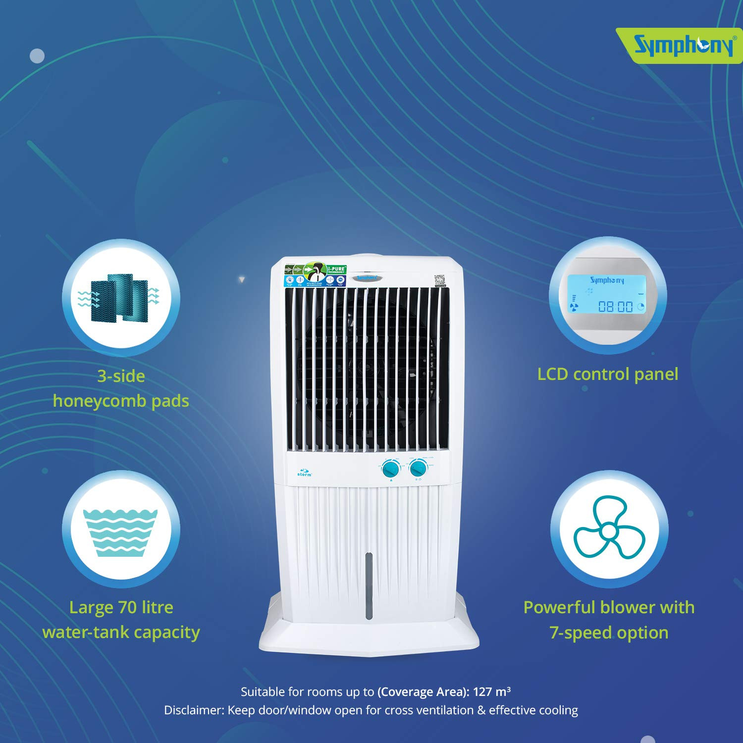 Symphony Storm 70 XL Desert Tower Air Cooler 70-litres with Multistage Air Purification Powerful Fan 3-Side Honeycomb Pads Automatic Vertical Swing Low Power Consumption White