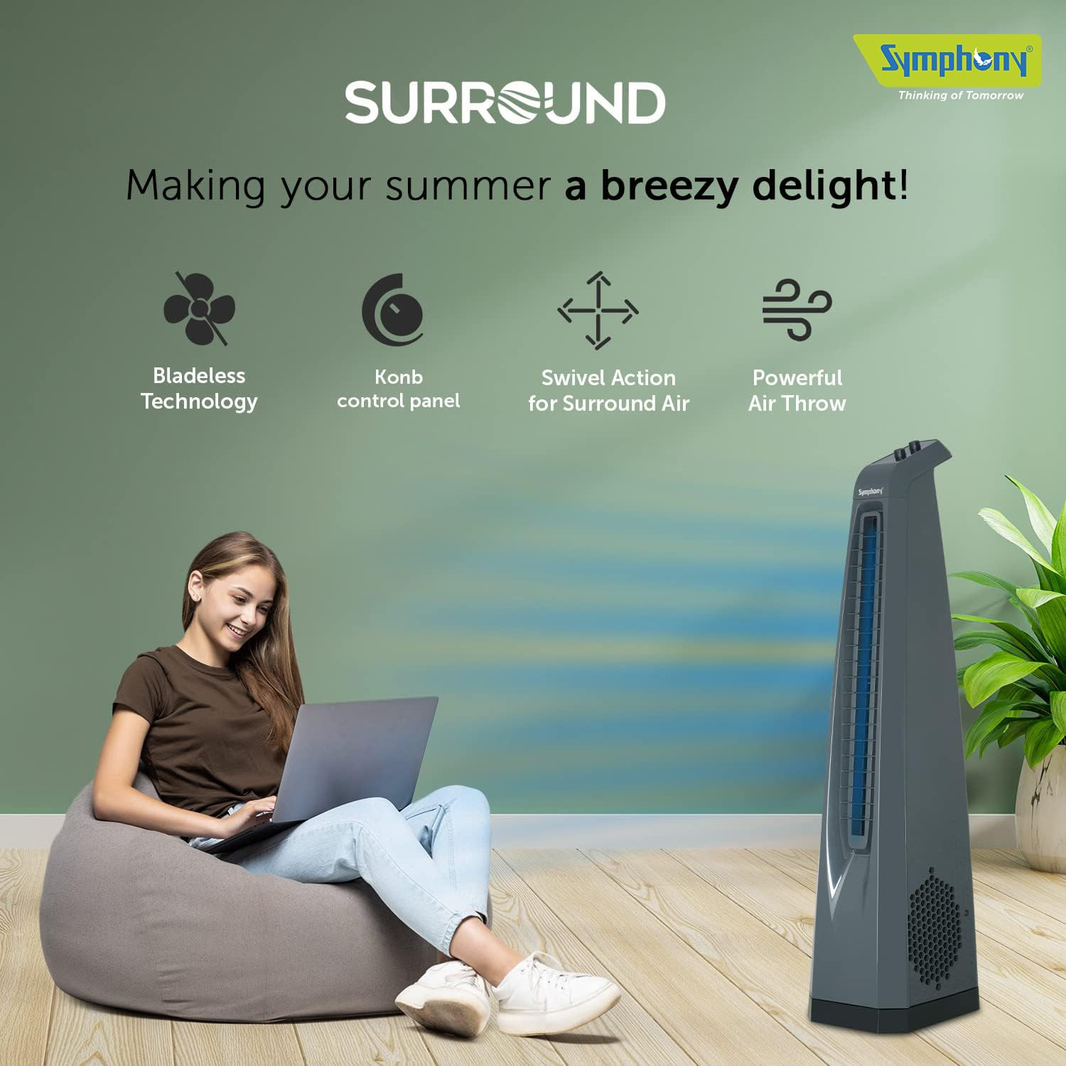 Symphony Surround High Speed Bladeless Technology Tower Fan for Home With Swivel Action Dust Filter and Low Power Consumption Grey