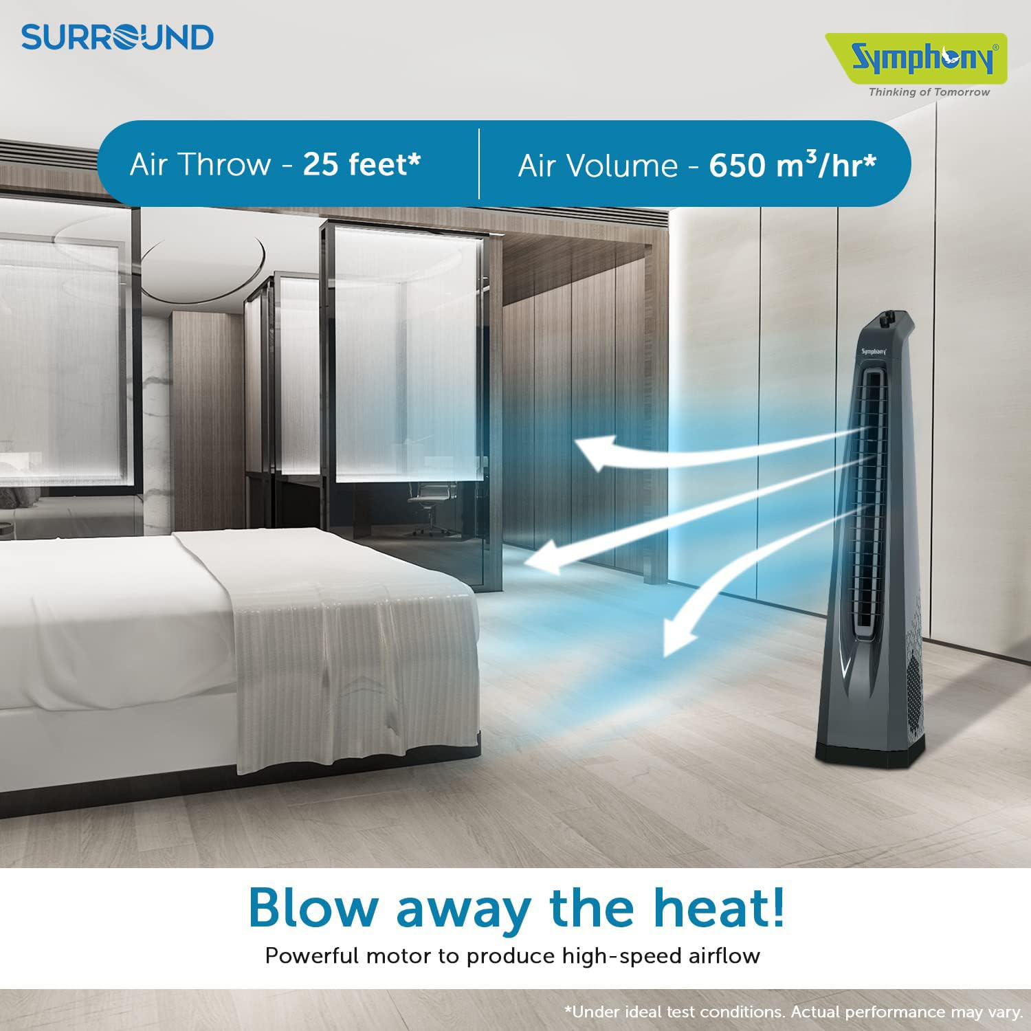 Symphony Surround High Speed Bladeless Technology Tower Fan for Home With Swivel Action Dust Filter and Low Power Consumption Grey