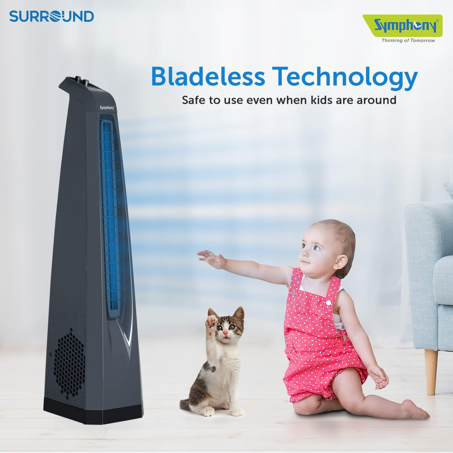 Symphony Surround High Speed Bladeless Technology Tower Fan for Home With Swivel Action Dust Filter and Low Power Consumption Grey