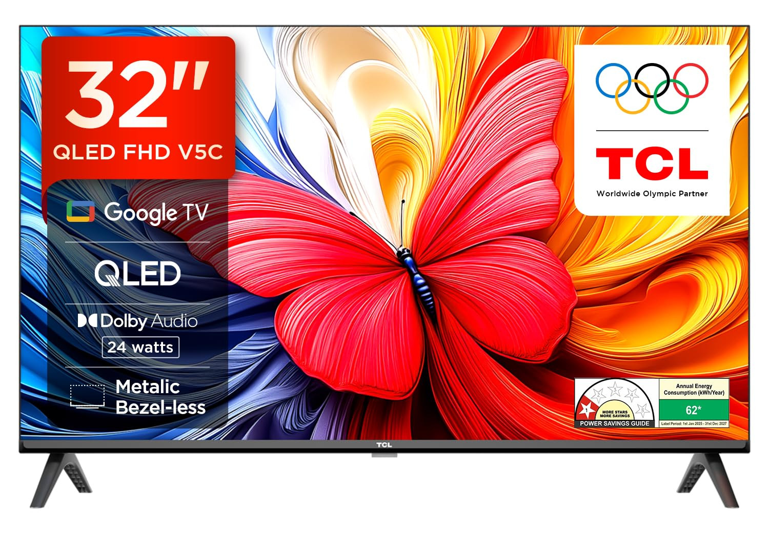TCL 80 cms 32 inches Full HD Smart QLED Google TV  Dolby Audio 24 watts  Ai Clarity  Metallic Bezel-Less  Multiple Viewing Mode  32V5C