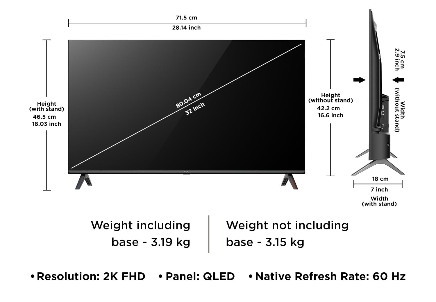 TCL 80 cms 32 inches Full HD Smart QLED Google TV  Dolby Audio 24 watts  Ai Clarity  Metallic Bezel-Less  Multiple Viewing Mode  32V5C