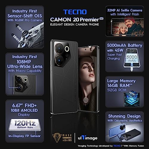 Tecno Camon 20 Premier 5G Dark Welkin 8GB RAM512GB Storage8GB Expandable RAM Industry 1st 50MP RGBW-Pro Camera Segment 1st 108MP Ultra-Wide Macro Lens 667 120Hz 10bit AMOLED in-Display