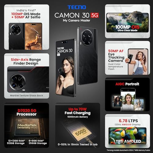 Tecno CAMON 30 5G Basaltic Dark 12GB512GB 100MP OIS Camera 50MP Auto Focus Selfie 678 LTPS AMOLED Display MediaTek Dimensity 7020 5000mAh Battery 70W Charger