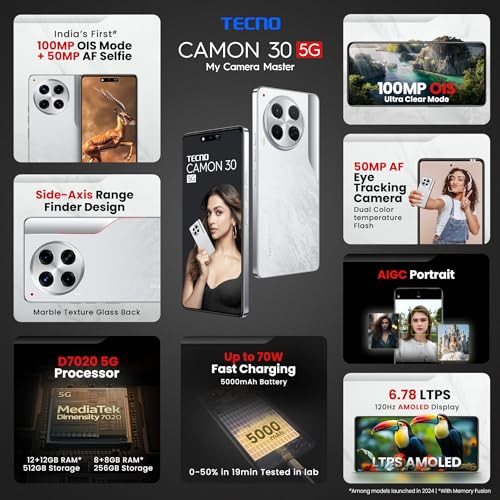 Tecno CAMON 30 5G Uyuni Salt White 12GB512GB 100MP OIS Camera 50MP Auto Focus Selfie 678 LTPS AMOLED Display MediaTek Dimensity 7020 5000mAh Battery 70W Charger