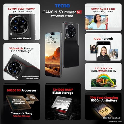 Tecno CAMON 30 Premier 5G Lava Black 12GB512GB 50 MP Camera 677 LTPO AMOLED Display MediaTek Dimensity 8200 5000mAh Battary 70W Charger PolarAce Image Processor